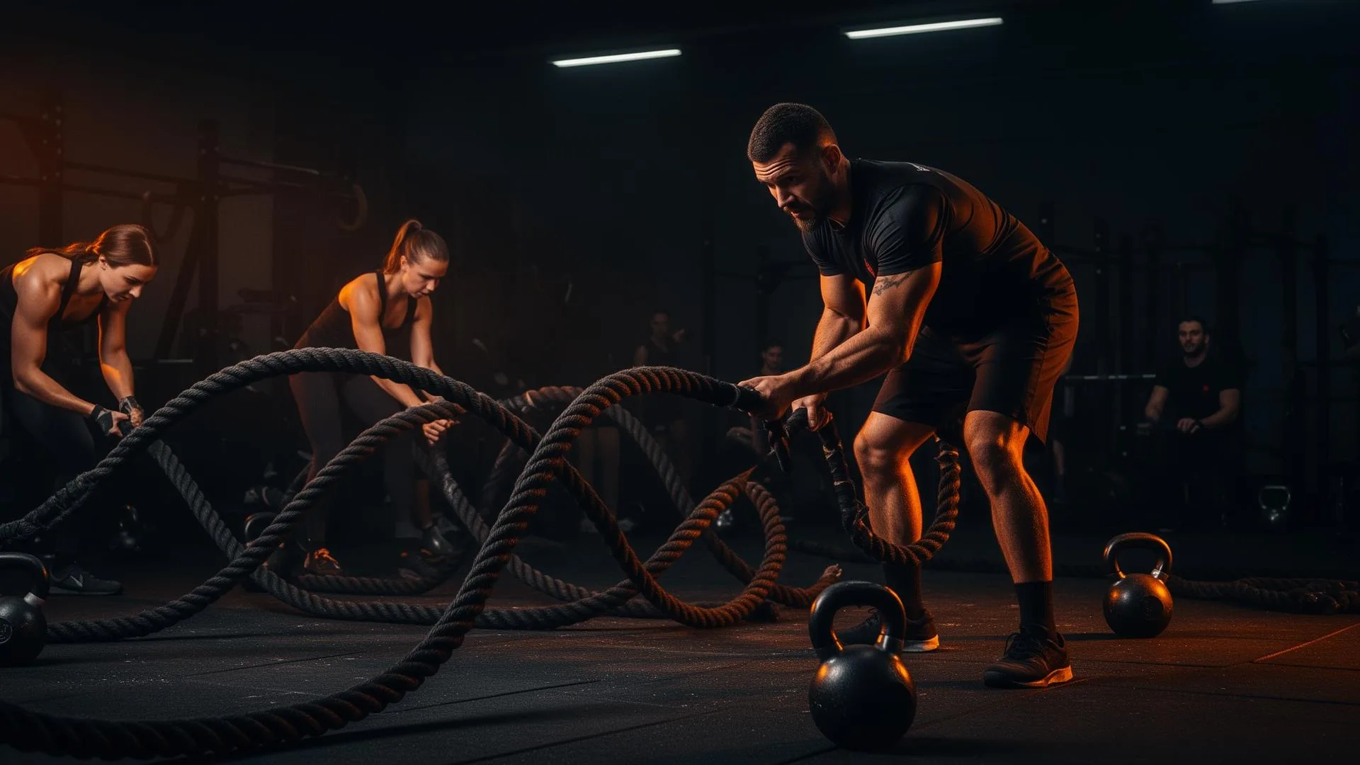 Coach de CrossFit treinando com battle ropes